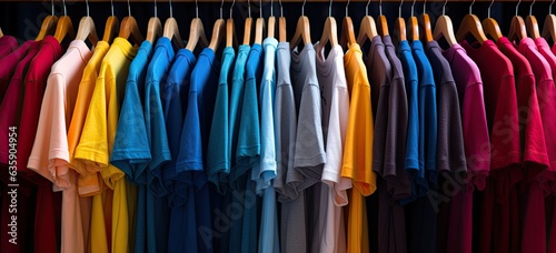 colorful t shirts on racks on dark background Generative AI