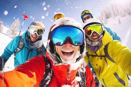 Canvas Print a group of people wearing ski equipment takes a selfie together