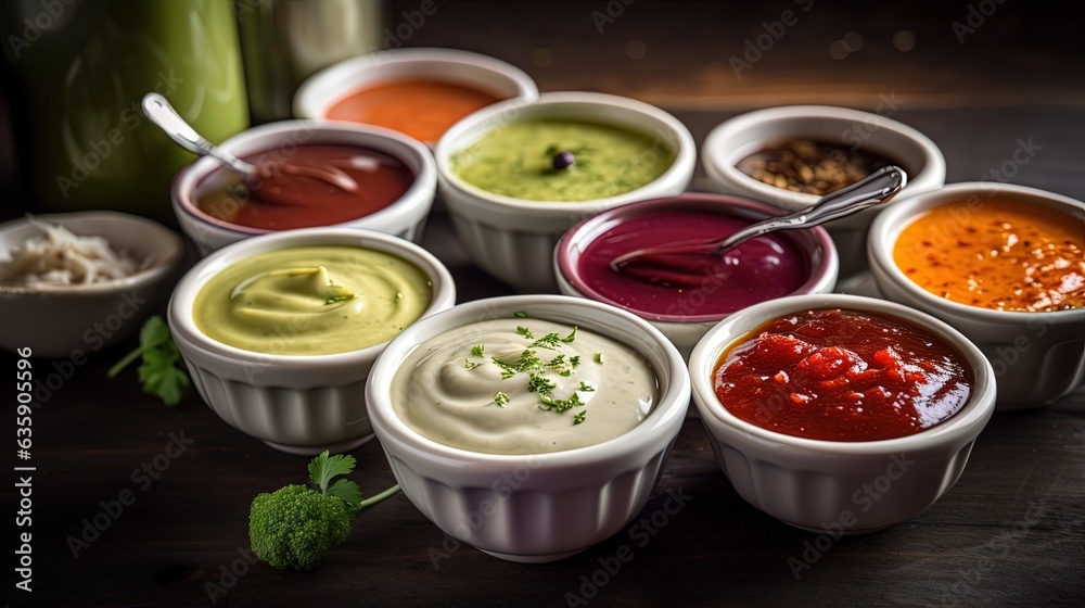 a bunch of different sauces in small bowls on a table. generative ai a bunch of different sauces in small bowls on a table. generative ai