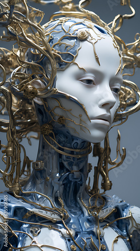 white and blue Cybernetic cyborg ai woman girl looking and thinking. Organic style golden roots on her head