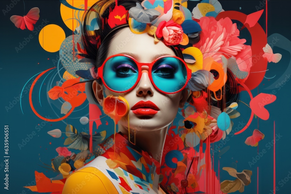 Modern collage of bright colours pop art woman artwork. Conceptual poster of young female in sunglasses