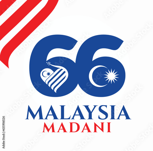 August 31, 2023: 66 Selamat Hari Kebangsaan Malaysia Madani (Translation: Independence Day of Malaysia). 1957 - 2023. Vector Illustration.