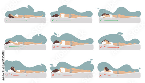 Correct and incorrect sleeping body posture. Healthy sleeping position spine in various mattresses and pillow. Caring for health of back, neck. Comparative vector illustration photo