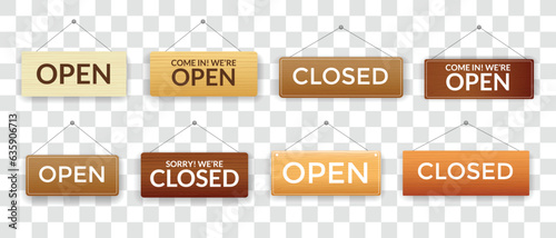 Open and closed signboards icon set. Announcement banner, information signage, board. Wooden hanging door sign for cafe, restaurant, bar or retail store. Vector illustration