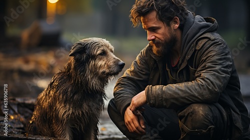  Homeless man and dirty stray dog, man feeding cute abandoned animal, dog loneliness on city streets. Concept: animal protection and a call for help to the homeless