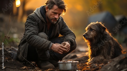 Foto Homeless man and dirty stray dog, man feeding cute abandoned animal, dog loneliness on city streets