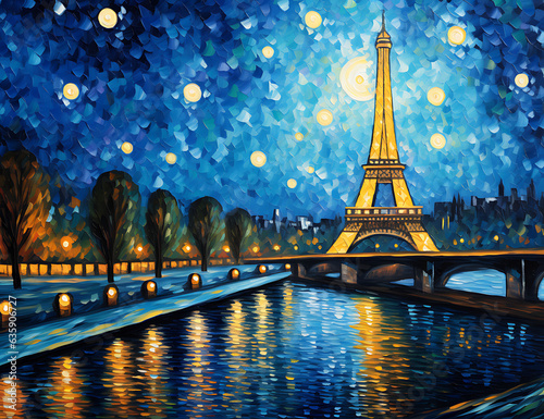 Paris in a starry night by the eiffle tower with seine river trees and bridges in front 	 photo