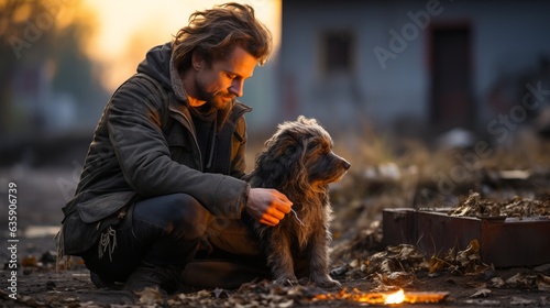 Homeless man and dirty stray dog, man feeding cute abandoned animal, dog loneliness on city streets. Concept: animal protection and a call for help to the homeless