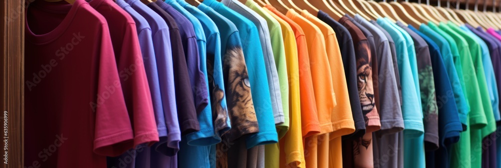 Colorful t-shirts hang on a rack in a clothing store