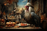 Thanksgiving turkey bird sitting on holiday table with wine and pumpkin. Happy party celebration