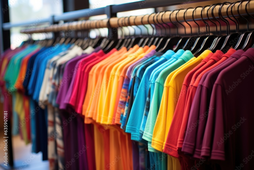 Colorful t-shirts on hangers in a fashion store.