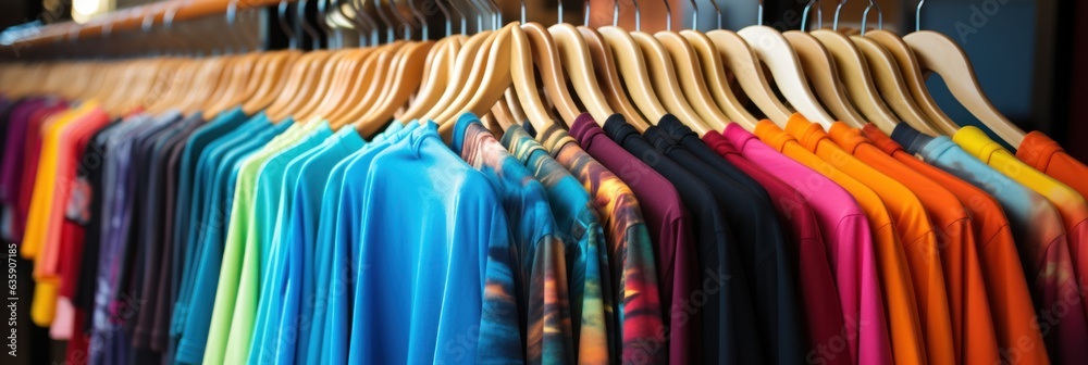 Colorful shirts on hangers in a shop. Selective focus.
