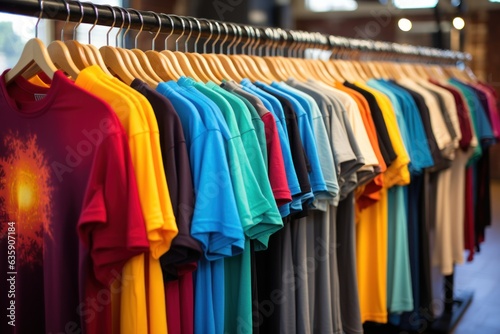 Colorful cotton t-shirts hanging on a rack in a shop