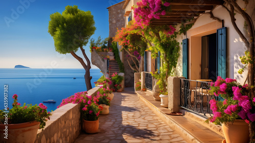 Witness the charm of Mediterranean houses with this captivating image. Perched on cliffs or nestled in quaint villages, these houses boast panoramic views of the Mediterranean Sea. Stone walls, wooden © CanvasPixelDreams