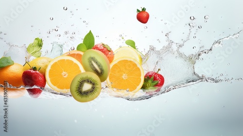  a bunch of fruit that is falling into the water with a splash.  generative ai