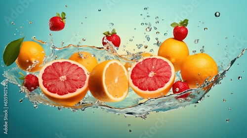  a group of grapefruits and oranges floating in water.  generative ai