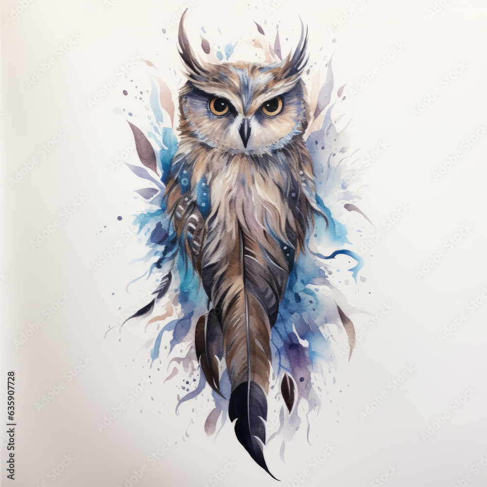 Owl watercolor illustration. Fantasy bird. Print for clothes and stationery