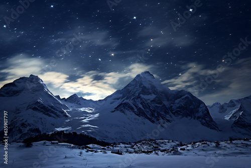 Mountains and alps with snow at night with stars on the sky, background wallpaper
