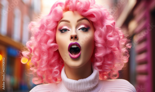 Confident Expression: Woman with Pink Wig and Expressive Lips