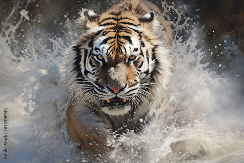 A dangerous tiger coming to the camera from the water with splashes in every step