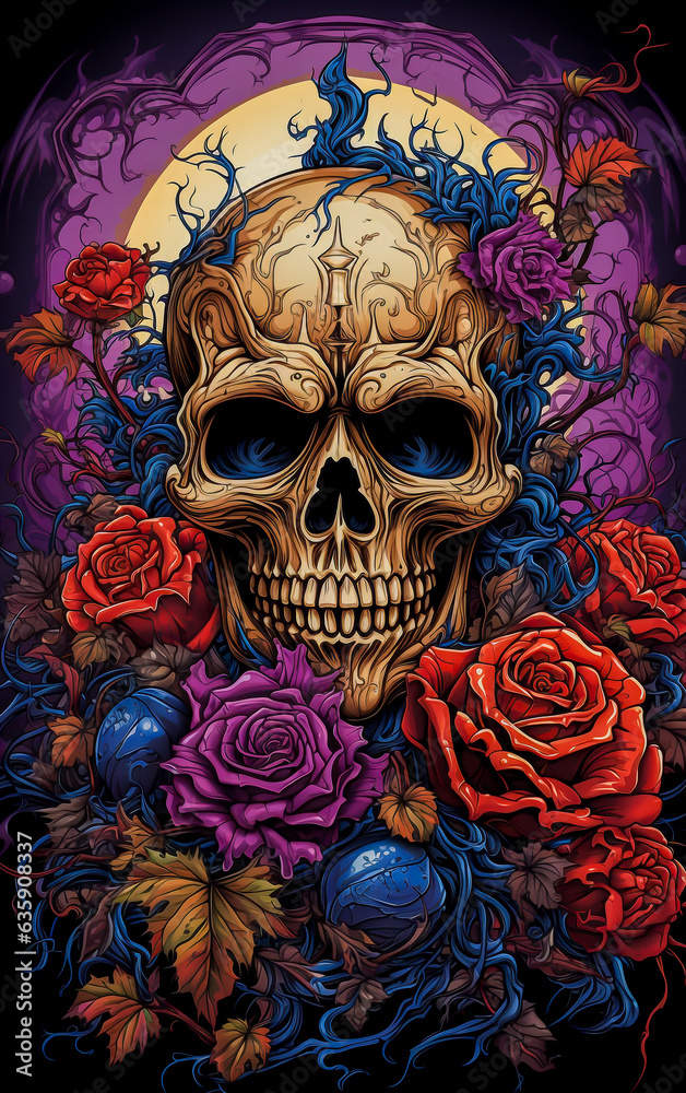 Illustration of a skull decorated with roses flowers