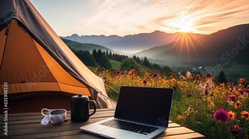 outdoor desktop business office beside camping tent on summer holiday. 