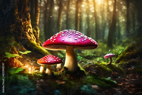 Magical mushroom in fantasy enchanted fairy tale forest with lots of brightness and lighting , Generative ai