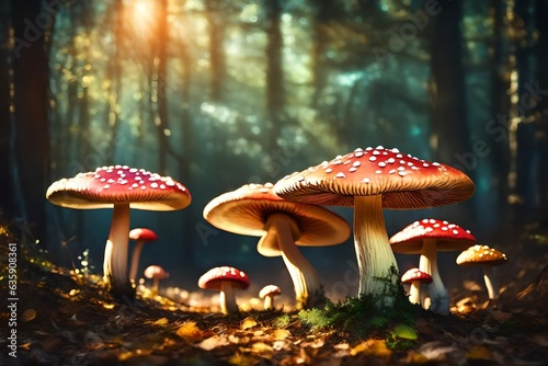 Fotografia Magical mushroom in fantasy enchanted fairy tale forest with lots of brightness