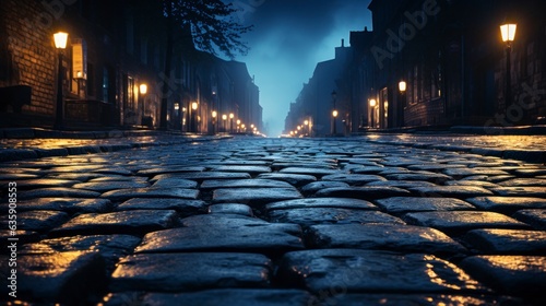 Wet cobblestone street at night