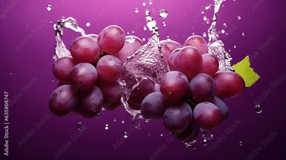 a bunch of grapes with water splashing on them on a purple background. generative ai a bunch of grapes with water splashing on them on a purple background. generative ai