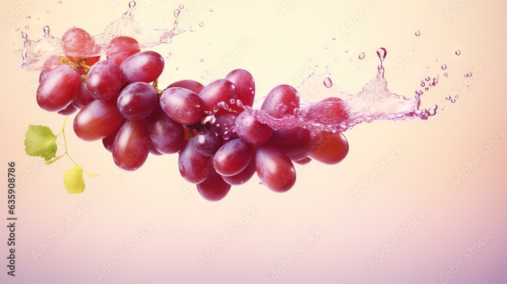  a bunch of grapes with water splashing on them on a pink background.  generative ai