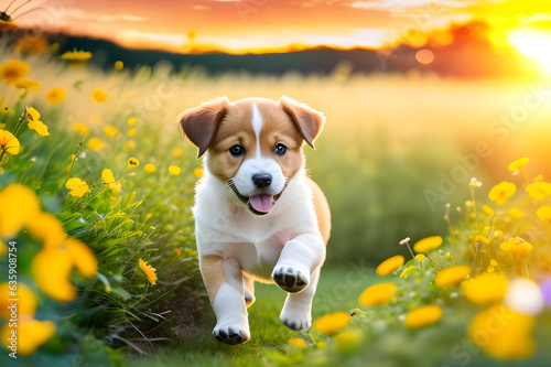 puppy running on flowers. Illustration by Generative Ai