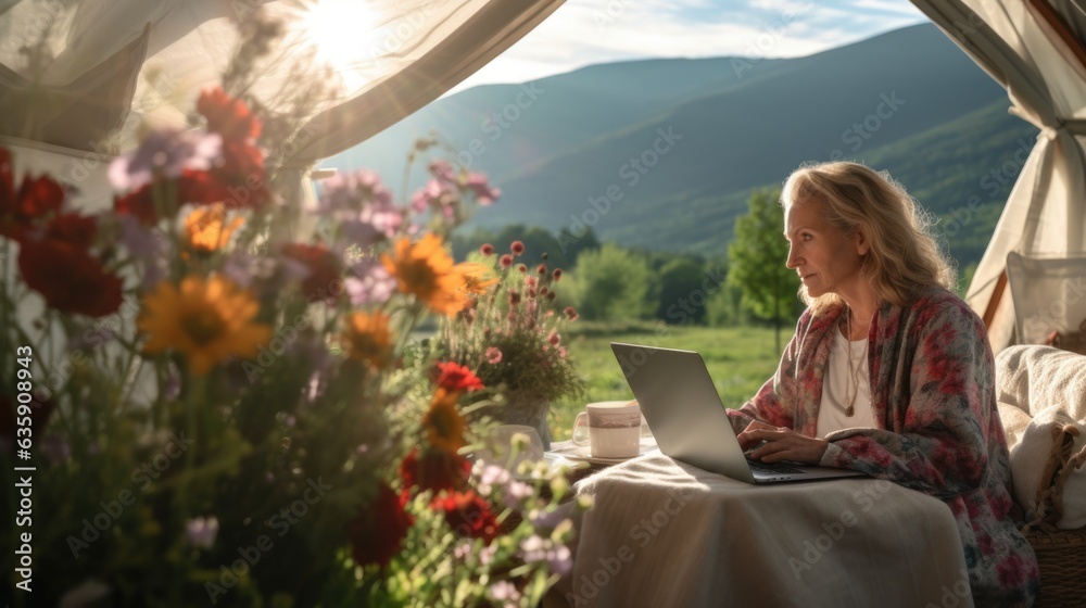 businesswoman's outdoor business office while she travel on her holiday.