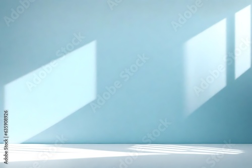 Minimal abstract light blue background for product presentation. Shadow and light from windows on plaster wall , Generative ai