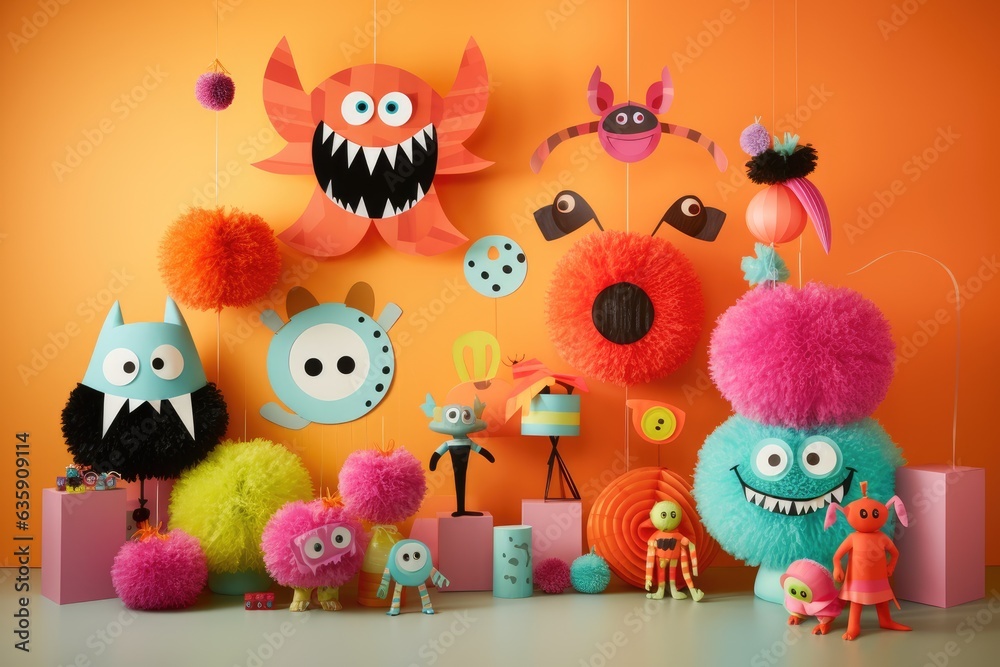 Naklejka premium Colorful Monster toys. halloween Themed Party Decoration on orange wall background, generative ai
