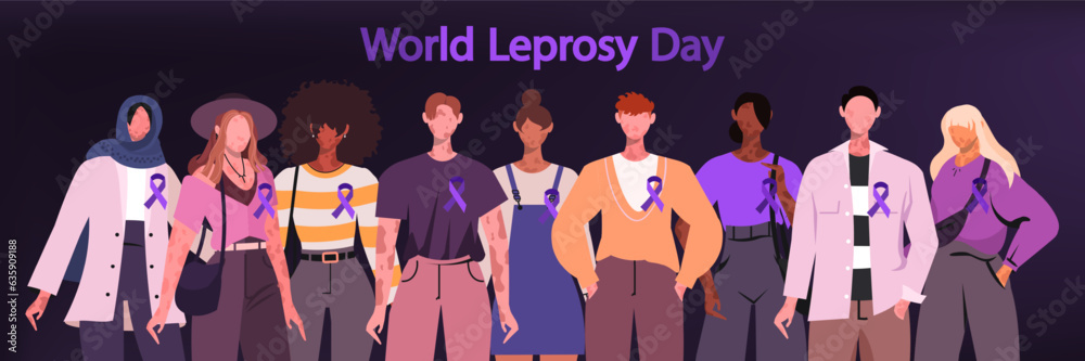 World Leprosy Day, celebrated on January 29, is a concept of health and awareness of the disease. Group of people standing with purple ribbons on a dark purple background.