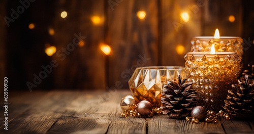 Festive holiday scene with candles and decorations. Two lit candles in glass holders with gold beads. Pine cones and baubles on a wooden table. Wooden wall with fairy lights in the background.