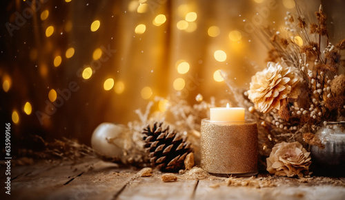 Candle in a gold glittery holder on a wooden surface with dried flowers and pine cones. The background is a wooden wall with string lights. The lights are yellow and give the image a warm glow.