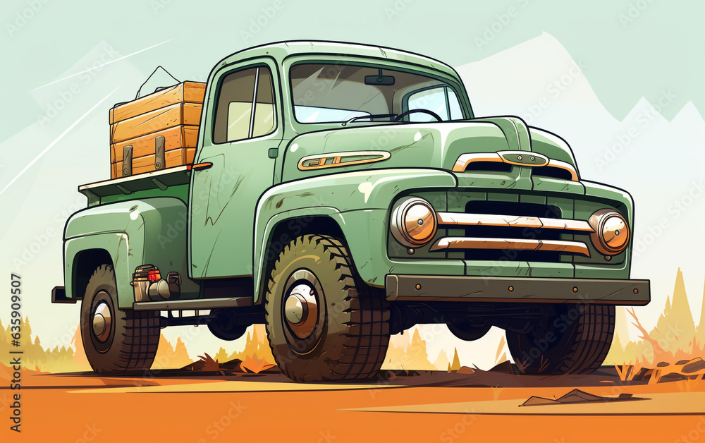 The vintage cartoon style illustration captures the essence of a pickup truck with a lively and charming design.
