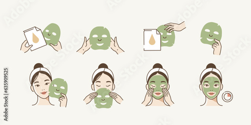 Skincare illustrations set. Collection of girl take care of her face and apply facial sheet mask. Woman making skincare procedures. Skin care routine, hygiene and moisturizing. Vector illustration
