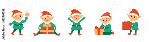 Merry Christmas concept illustration. Collections of Christmas elf character holding and packing holiday gifts. Santa Claus helper. Vector illustrations set.