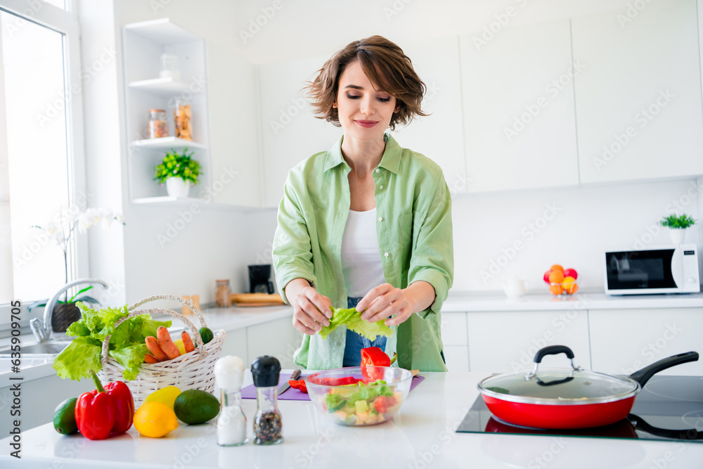Photo of charming positive girl mixing fresh vegetables bows prepare salad enjoy cookery pastime kitchen flat indoors