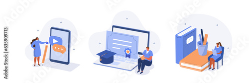 Education concept illustrations set. Students studying with book online on educational platform and achieving graduate certificate or diploma. Vector illustration.