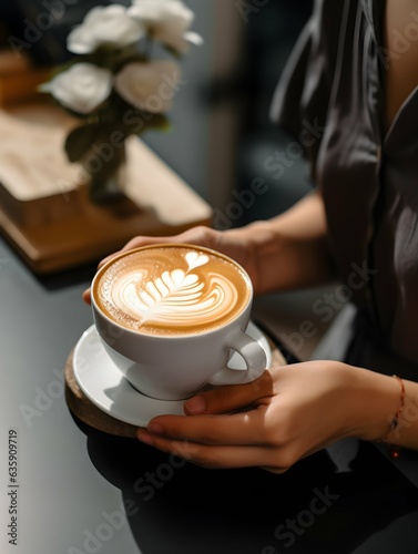 Beautiful latte art coffee on table in cafe  closeup