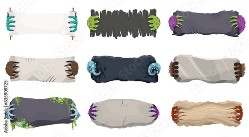 Monsters hands holding banners. Characters paws, creepy fingers with talons holding parchment scroll, wooden plank and stone plate, piece of fabric in cartoon vector design