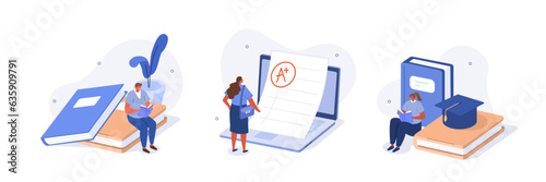 Education concept illustrations set. Students preparing to exam, studying with book and successfully solving test. Vector illustration.
