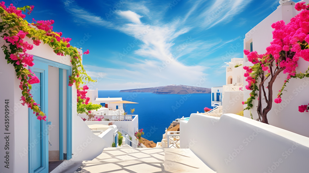 Embrace the allure of Mediterranean architecture with this enchanting image. A cluster of whitewashed houses adorned with colorful flowers overlooks a tranquil bay. The gentle sea breeze and the sound - obrazy, fototapety, plakaty 