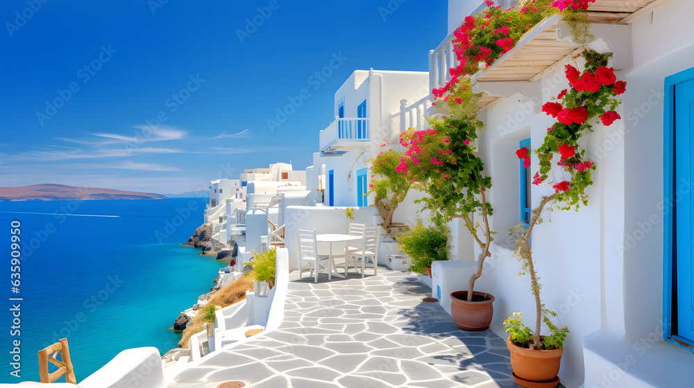 Fototapeta premium Embrace the allure of Mediterranean architecture with this enchanting image. A cluster of whitewashed houses adorned with colorful flowers overlooks a tranquil bay. The gentle sea breeze and the sound