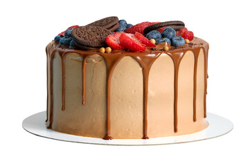 Chocolate birthday cake with berries and cookies cut out on transparent background