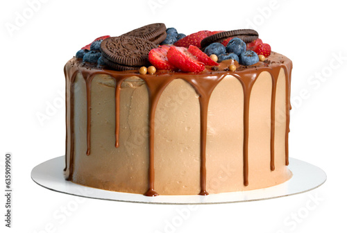 Chocolate birthday cake with berries and cookies cut out on transparent background